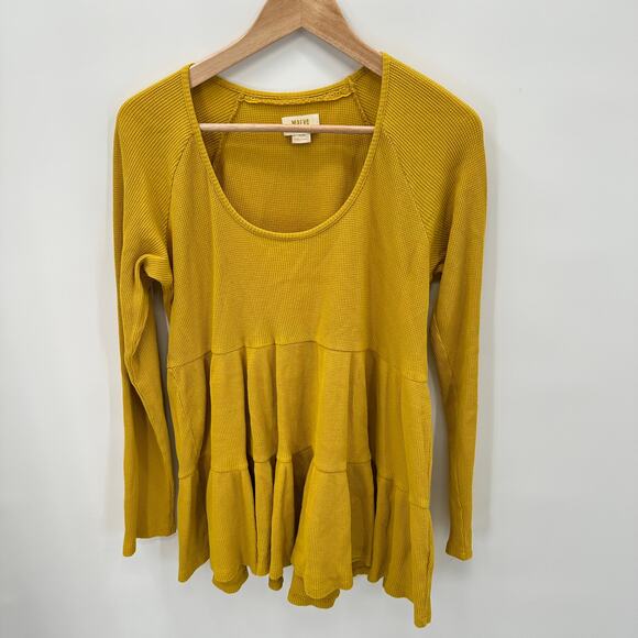 ANTHROPOLOGIE Maeve Mustard Yellow Tiered Long Sleeve Ribbed Top // M - Picture 4 of 11
